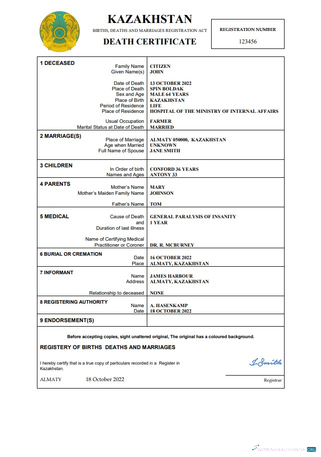 Download Kazakhstan death certificate Word and PDF template Photoshop template